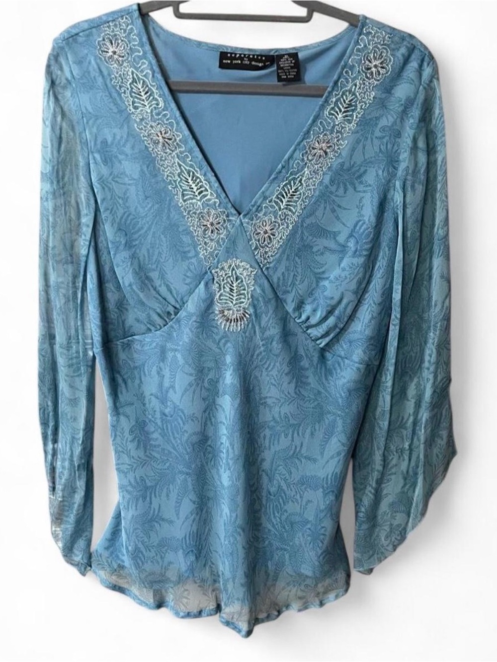 Separates By New York Design Y2K Blue Embroidered V-Neck Women's Top